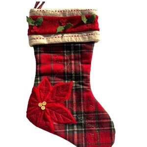 Christmas Stocking Red Plaid Buffalo Poinsettia Flower Embroidered Embellished